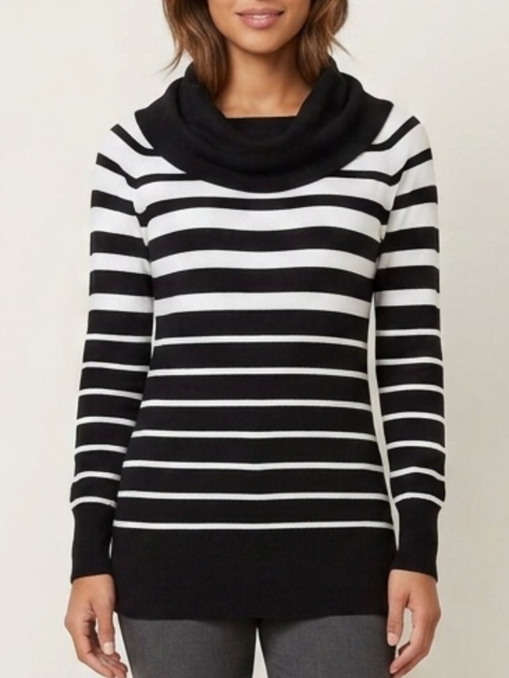 Women's Black and White Striped Sweater, Cowl Turtle Neck Sweater Long Sleeves S